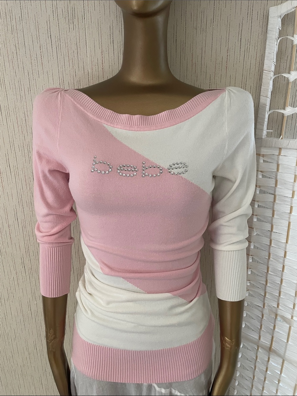 bebe Pink & White Diagonal Colorblock Knit Top with Crystal Logo Embellishment